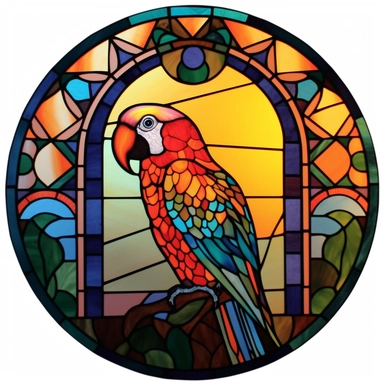 parrot on stained glass retro sunset, vector, clipart, white background, isolated, no background, .75 inch gutter all the way around, diecut circle