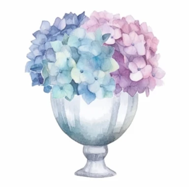 Design a dreamy watercolor clipart of a Centerpiece arrangement with a Bouquet of hydrangeas in shades of blue, purple, and pink arranged in a compact design composition, hand-painted with soft and graceful brushstrokes. Draw inspiration from the artistic finesse of Ethereal Petals Watercolors for a refined and ethereal depiction. isolated on a white background, hand-drawn illustration, hand-painted watercolor texture, 16k UHD resolution, intricately detailed, sharp focal points, designed by Ana