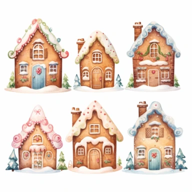 very simple watercolour childrens book style drawing of different cute gingerbread houses, pastel colours soft on white background for clipart, 8k