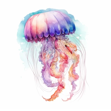watercolor style, jellyfish with the ocean in the back clipart, isolated on white background, hd