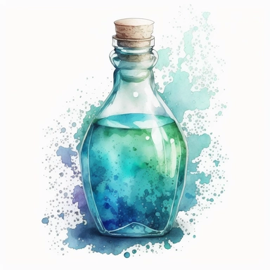 Watercolor potion bottle: Paint a tall, skinny, thick glass, half empty potion bottle with cerulean liquid. Use watercolors to create a soft, dreamy effect. Clipart. Sticker. White background.