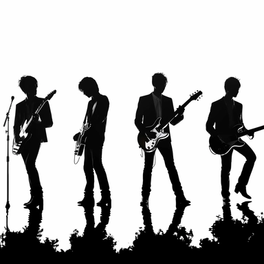 high resolution, solid black silhouettes, clip art, rock band themed, 4k, white and black only
