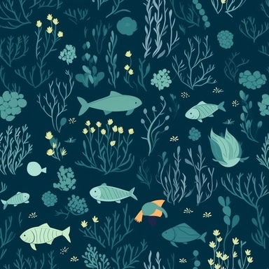 A captivating minimalistic pattern for a children's t-shirt design, capturing the beauty of an underwater realm. Serene fishes and elegant aquatic plants gracefully coexist, while a diver explores the depths with wonder. The design incorporates a predominantly light blue background, reminiscent of the tranquil ocean waters. Rendered in a minimalist clipart style, with simple shapes and soft hues, this t-shirt design exudes a sense of calm and simplicity, appealing to children who appreciate a cl
