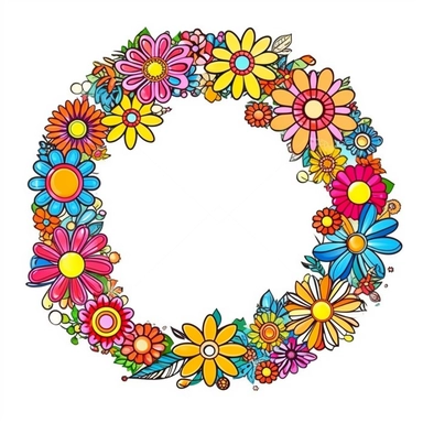 Groovy hippie 60s wreath, Funny cartoon flower power clipart white background