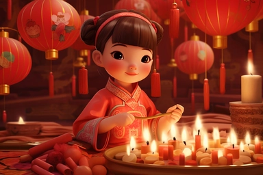 A human toddler with delicate features, a beautiful Chinese classical braid, a pretty hair clip, dressed in a traditional Chinese dress, exquisitely crafted with red fabric, holding a string of Chinese lanterns in the left hand, a Chinese fan in the right hand, surrounded by Chinese candles, knots and decorations, celebrating the Chinese New Year, radiating cuteness, joy and happiness. Realistic portrait photography with a 50mm lens, shallow depth of field and soft lighting, capturing the intric