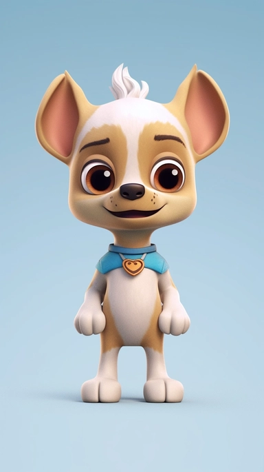 Front view of an animated dog standing wearing a t-shirt character design, full body, face drawing in top quality, high quality face drawing, clipart, full illustration, 4k, sharp focus, silky skin. soft, symmetrical, detailed face, concept art, fairytale style, chibi kawaii . Octane rendering, 3D, perfect face, detailed face, delicate face, perfectly sharp lips. , detailed eyes