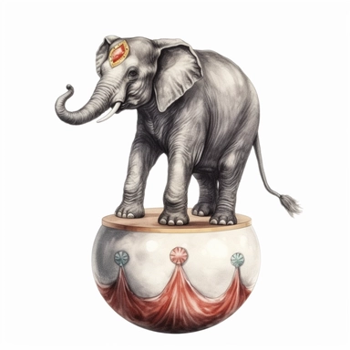 hand drawn vintage circus elephant standing on a ball, glamorous, soft, detailed and realistic, watercolor, clipart style, white background with margins