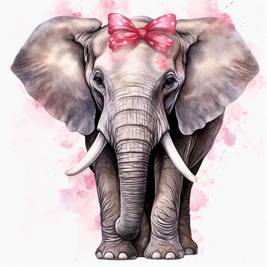 a young female grey African elephant with a pink bow on head, stood sideways to the camera looking right, watercolour painting blank transparent background png clipart