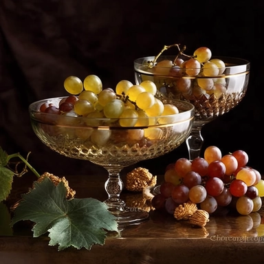 classic fine art photography of a tropical fruit bowl wine glasses grapes golden leaves, high definition, ultra realistic, clip art on white background k8