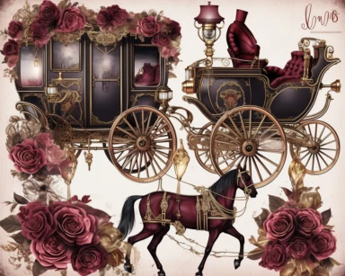 Royal Steampunk ClipArt, background paper, wall paper style, carriage, horses, roses, Watercolor Steampunk PNG, Victorian Clipart, Fantasy Clipart, deep reds and burgundy's and old paper textures, no text