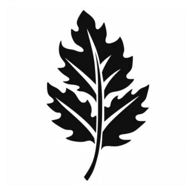 A black silhouette of a tree leaf, on a white background in clipart style.