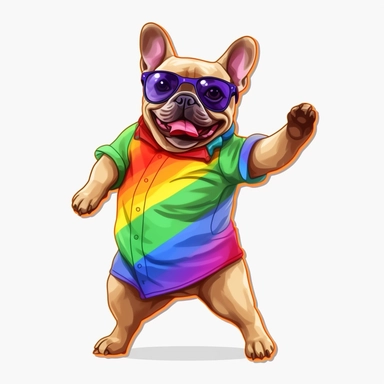 funny sticker, white background, french bulldog dancing, funny rainbow clothing, in style lgbtq, full body, clipart
