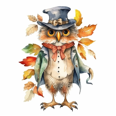 a Cute Happy Owl in the style of Watercolor Kate Greenaway Clipart, White Background