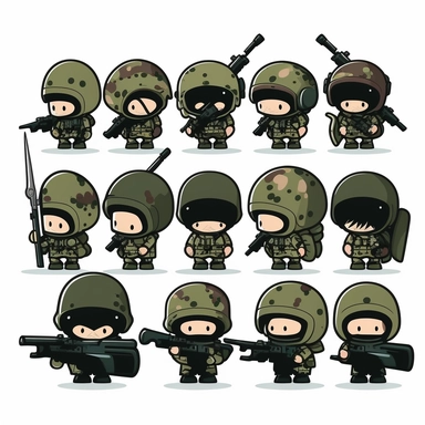 10 stickman soldiers stickers collection, clipart design, cartoon, 4k, white background, photo realism