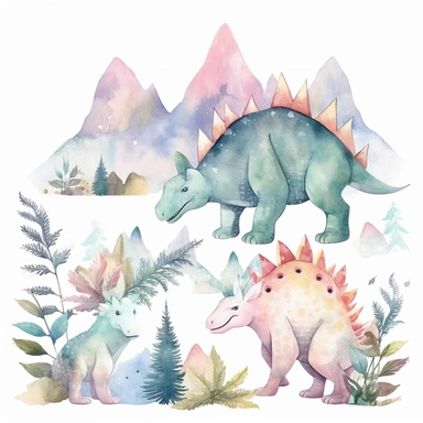 friendly, fluffy watercolor dinosaurs clipart, pastel colors, in the mountains, forest, separated, seamless, transparent background--AR 3:2