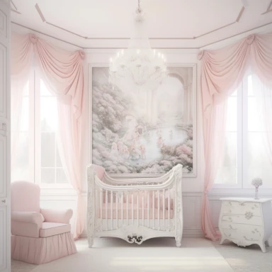panoramic view, full view, beautiful elegant royal baby girl nursery room drawing painting, frilly, romantic, fantasy, ethereal, light pink and white colors, beautiful crib with beautiful full flowing canopy, beautiful bling crystal chandelier, soft pink teddy bear, beautiful large Victorian style window with beautiful pink flowing drapes, faux fur rug, sharp focus, high detail, 8k, illustration clipart style, transparent background