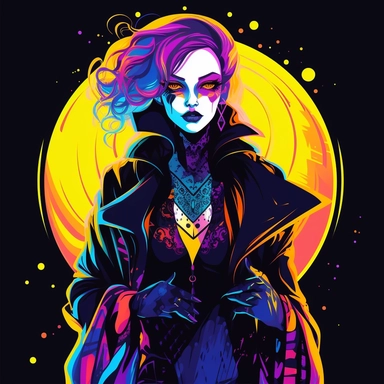 Create a clipart of a goth woman with glowing eyes, wearing a vibrant and colorful outfit. Ensure the image has intricate details and crisp lines, with a clean white background