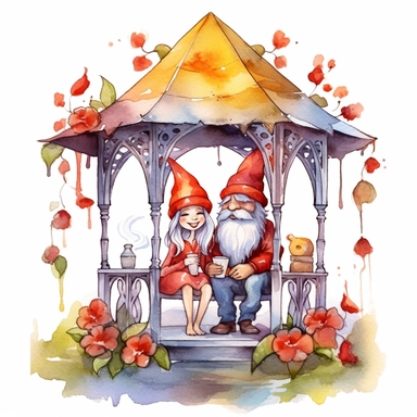 Watercolor magical gnome couple sitting in a gazebo watercolor clipart on white background, vivid colors, enchanting scene clipart on a white background in the style of feminine sticker art, Tanya Shatseva, storybook illustration, red, white and caramel tones, Georgia O'Keeffe, colored line art, colored outlines, cottagecore design, watercolor on white background, crisp tones, sticker outline, colored line art, colored outlines, iridescent ombre, gradient shading, pure tone, vibrant digital art 