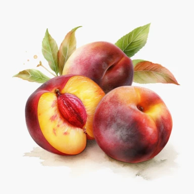 nectarine clipart, surrounded by white background, wide shot, very detailed, watercolor illustration, white background, cinematic, high quality, 32 k