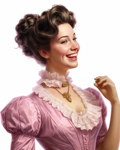 detailed smiling beautiful lady , dressed in a pink victorian vintage dress putting earrings, hyper realistic, 8k, isolated on white backgorund, clipart