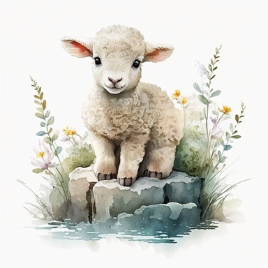 watercolor, cute clipart baby sheep sitting