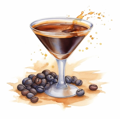 watercolour detailed espresso martini cocktail with coffee beans clipart with white background
