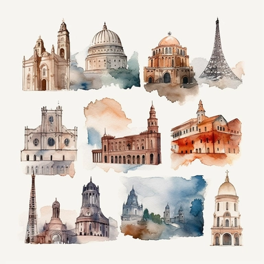 Watercolor famous landmarks in europe Clipart, travel, Minimalist Watercolor, Clipart, Separated design, 8k