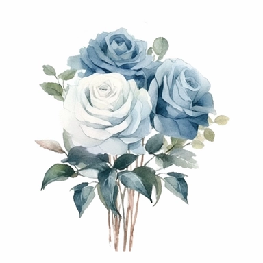 Watercolor dusty blue four roses clipart, four roses bouquet, muted color faded, white background