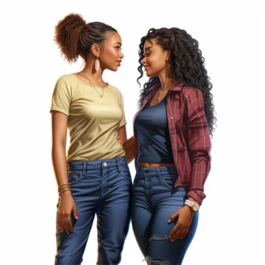 realistic illustration of two female african american friends standing very close to each other. Ladies are wearing denim jeans and a short top, belly is visible, modern look. Clipart, isolated on white background, 4K