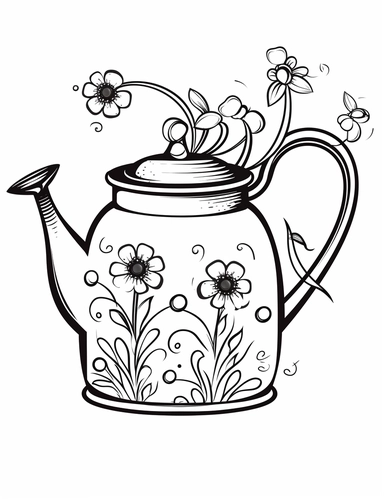 cute cartoon clipart fat watering can in the style of Pierre-Auguste Renior black and white coloring book, black and white smooth thick lines, solid white background, no background