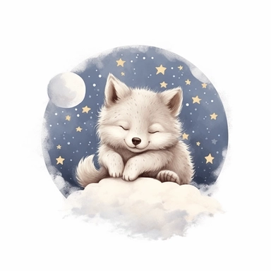 Cute wolf illustration by willows character, realistic adorable wolf sleeping on a soft moon surrounded by stars, sleepy happy clipart, nursery style clipart, Nursery Animals Art, Kids Wall Art, Kids Room Decor, Baby Room Decor, isolated on white, ultra - detailed, high quality, ghibli style, award winning