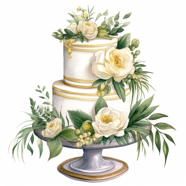 watercolor and ink styling, boho wedding cake with white roses and green florals, clipart on plain white background, wedding vibes, super high detail ultra precision 16k HD, clean crisp brushwork, painted by Beatrix Potter