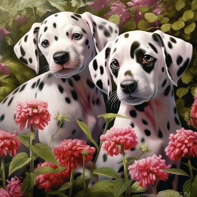 clipart, dalmation puppies in different flowers, in the style of hyper-realistic animal illustrations, herb trimpe, magali villeneuve, strong facial expression, pastoral charm, muralist, captivating
