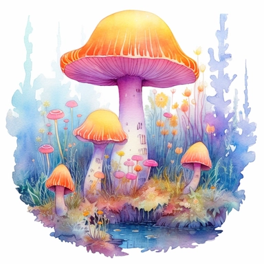 Watercolour Magic Mystical Mushrooms clipart watercolor style , dreamy color, anime style, ghibli , trippy , planet , stars, epic, flowers, Phantasmal Iridescent