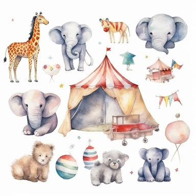 set of clipart, watercolor, baby circus, cute, aesthetic, white background