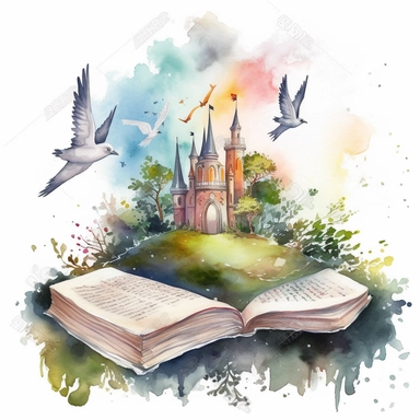 Watercolor Fantasy open Books Clipart with fantasy castlle, birds, trees, forest, clouds, rambo and very detalied, the perspective is from a road from forest mistic look, magic colorful admosfere, hight quality white background