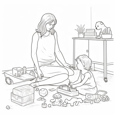 coloring page for kids of a mother and a child playing with toys, full body view, white neutral background, clean line art, low details , 1,5px thick black lines, simple clipart. simple