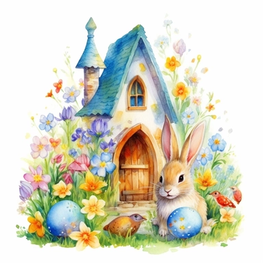 clipart, isolated on white background, Watercolor bunny and colorful eggs and animal house, easter style, detailed, flowers, ornated, vivid and vibrant and saturated colors