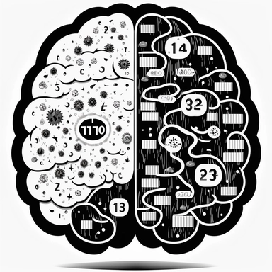 clipart of a brain full of numbers and passwords. Beautiful, flat, cute manga style, black and white, round image borders