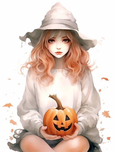 watercolor painting, cute girl wearing halloween witch hat, sangchae wearing white lace skirt, sweatshirt with cute pumpkin drawing, mischievous expression, clipart, 8k, HD, white background,