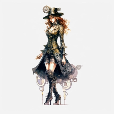 steampunk victorian girl prototype, full body, watercolor, gears, pinions, calipers, clocks, rivets, top hat, clipart, duo tone, realistic, ultra resolution, vivid detail, 8k, minimal watercolors, white background