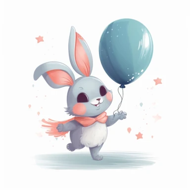 cute bunny character holding balloon in his paw and flying on it, no background, kids style, 2D, vector, good quality, Pixar children's book illustration, vector, cartoon character, hand drawn, clipart