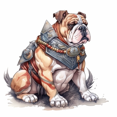 watercolor illustration of a bulldog as a barbarian, in the style of realistic landscapes with soft, tonal colors, light gray and dark beige, illustration, uhd image, editorial illustrations, elegant inking techniques, white background, clipart,