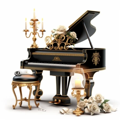 luxury gold piano with a seat,black roses and jewel,candle and one music book digital clipart on white background--s 1000