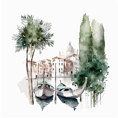 white background, Watercolor city Venice with gray little gondolas and eucalyptus leaves clipart, hd