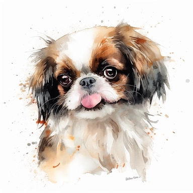 cute Japanese Chin dog portrait, full face, centered shot, side shot, dynamically posed, in action, playful mood, happy mood, playing mood, cute face, adorable smile, childlike eyes, clean watercolor illustration, white background, nursery baby imagery, painting, detailed, 8k, PNG, clipart,