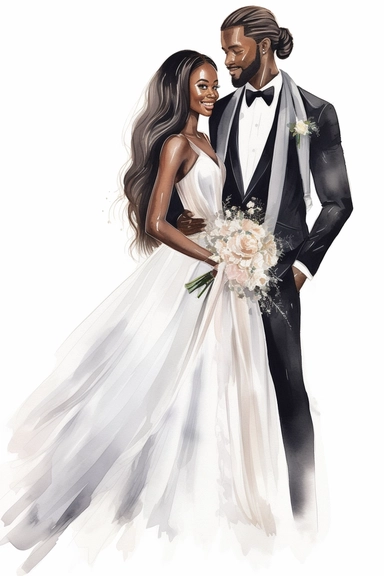 Black skin bride in a white wedding dress with diamonds and with beautiful jewelry, long beautiful hair and the groom in a tuxedo smile watercolor clipart