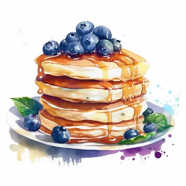 blueberries, watercolour, clipart, high quality, blueberry pancakes, cream on top, on plate