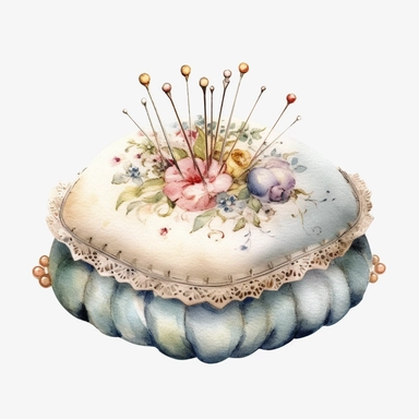 A Victorian sewing pincushion for holding pins clipart, soft pastel colors, in the style of realistic watercolors, feminine sensibilities, detailed illustrations, made of all of the above, in style of Willem Haenraets, clean background, white background, on a white background, transparent background