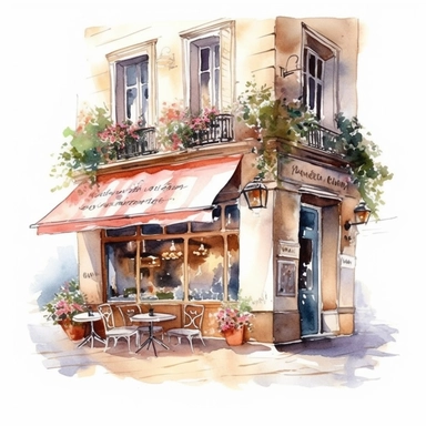 watercolor Spring Coffee shop clipart, romantic french cafe illustration, A sharp photograph of an expensive, on white background
